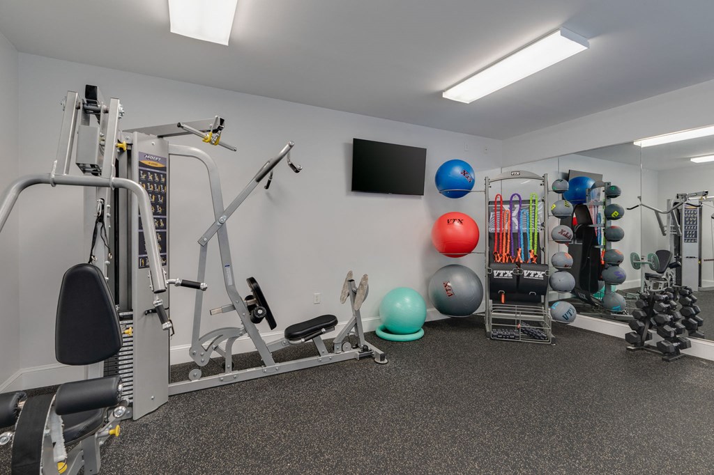 a gym with weights and other exercise equipment on a wall
