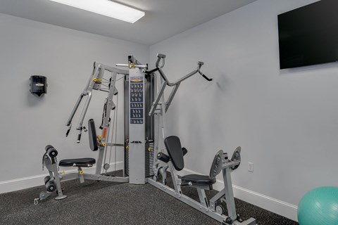 exercise equipment in the gym at the preserve at polk apartments