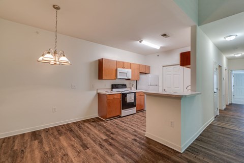 a kitchen with wood flooring and a counter top and