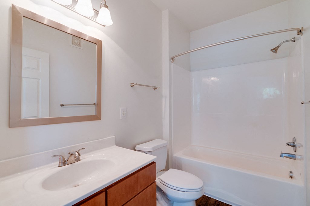 a bathroom with a sink toilet and shower and a mirror
