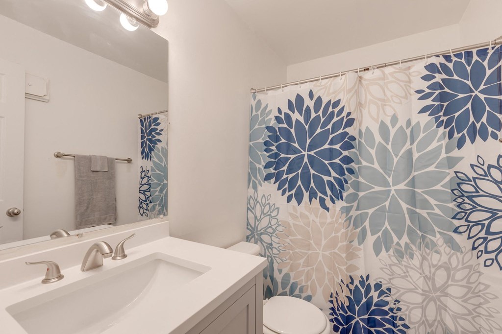 a bathroom with a sink and shower with a blue and white shower curtain