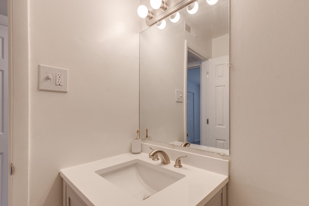a bathroom with a sink and a mirror