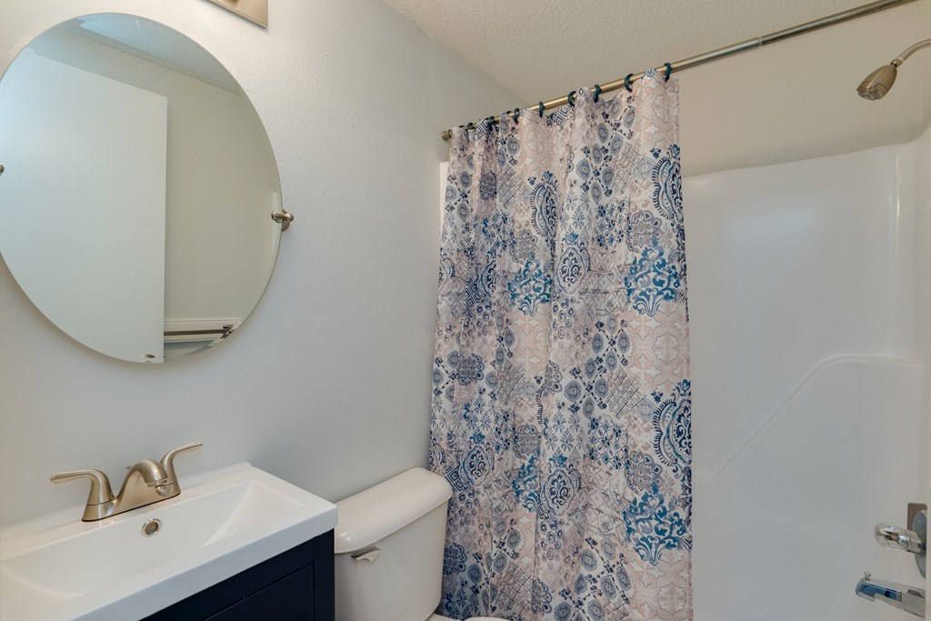 a bathroom with a shower curtain and a sink and a mirror