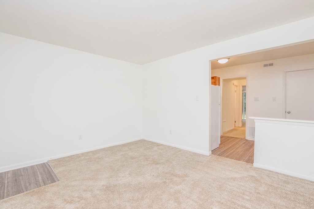 a living room with white walls and a carpeted floor