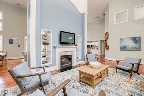 a living room with a fireplace and a television