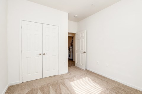 a bedroom with two closets and a door to a hallway