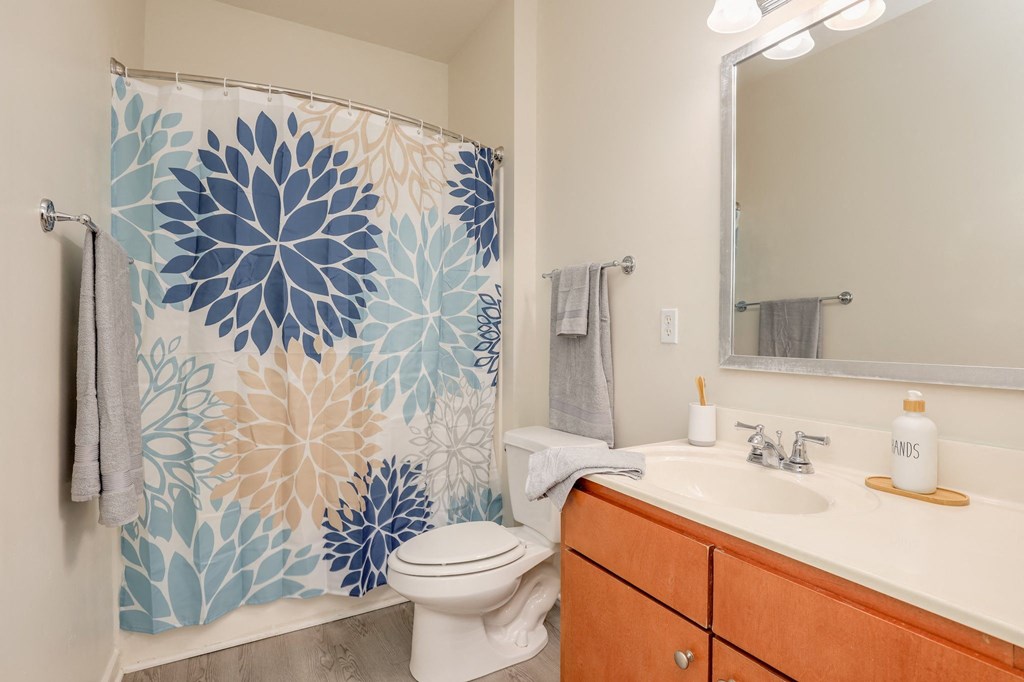 a bathroom with a shower curtain and a sink and a toilet