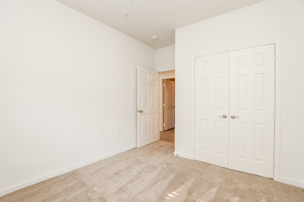 a bedroom with two closets and a door to a hallway