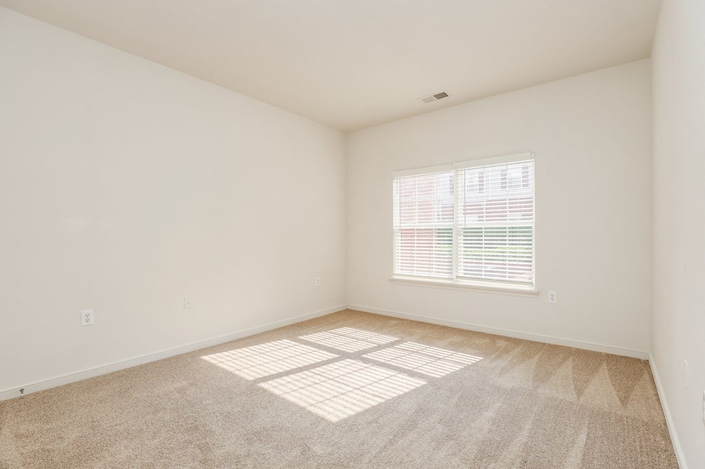 a bedroom with a window and carpeted floor