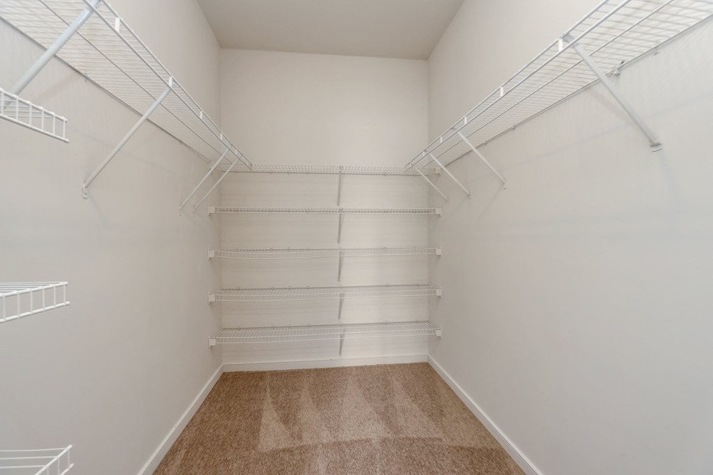 the preserve at ballantyne commons empty walk in closet with white shelves