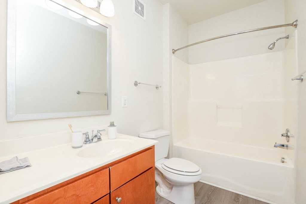a bathroom with a toilet sink and shower and a mirror