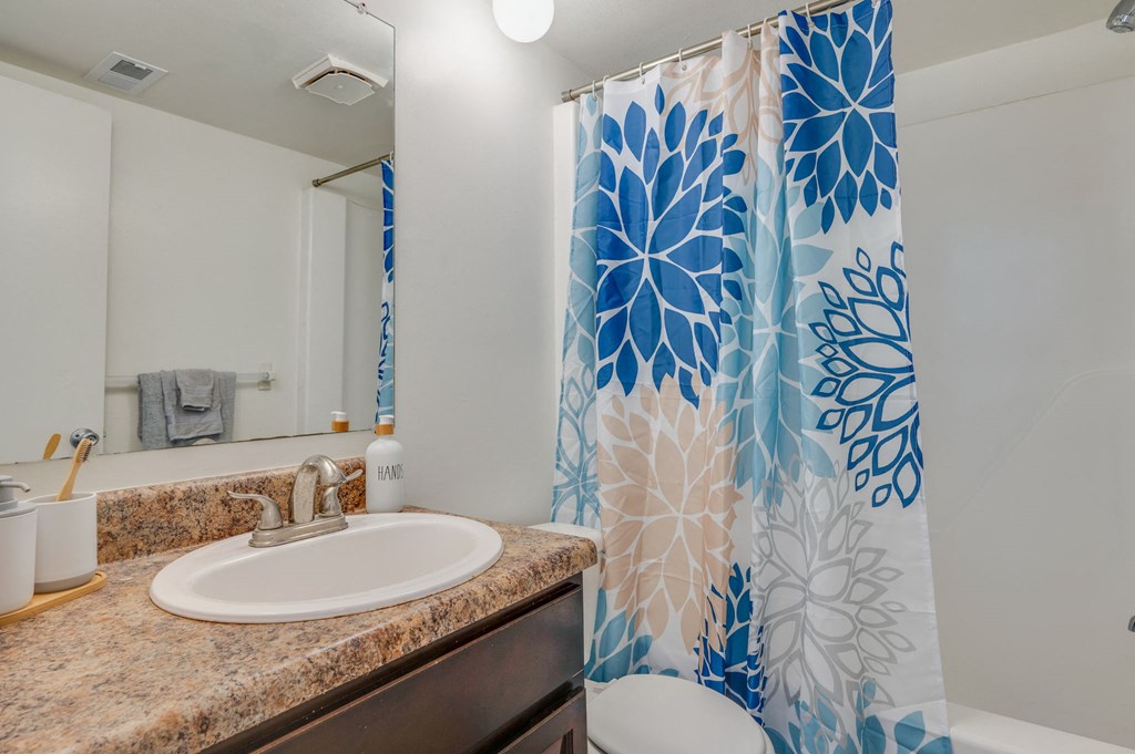 a bathroom with a shower curtain and a sink