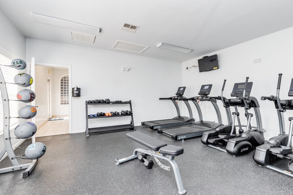the gym with treadmills and weights at the belgard apartments