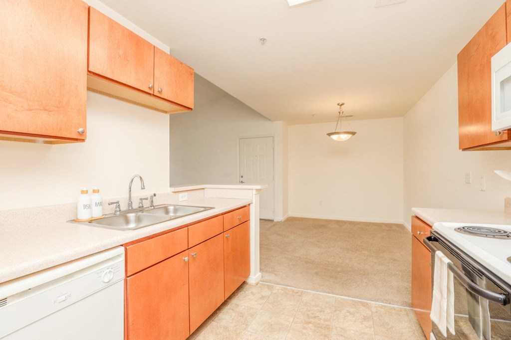 a kitchen with wooden cabinets and a sink and a stove