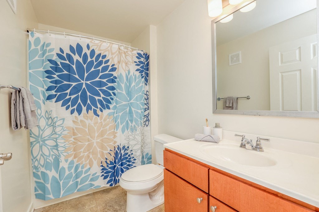 a bathroom with a shower curtain and a sink and a toilet