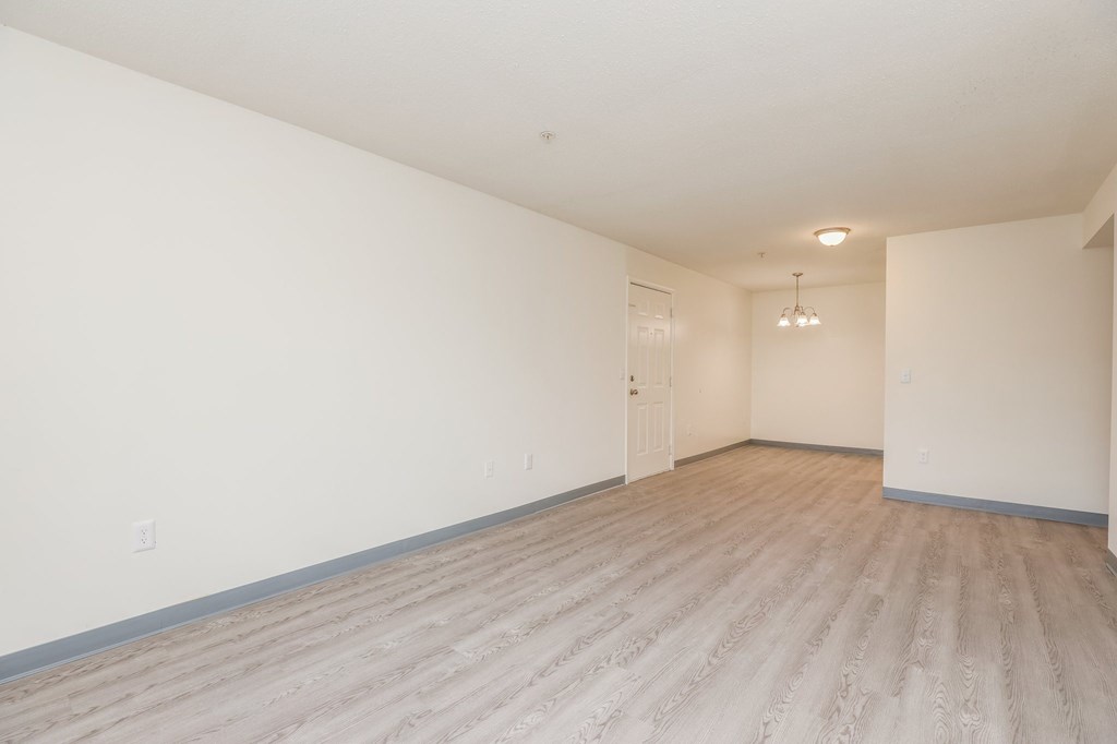 a spacious living room with white walls and wood flooring