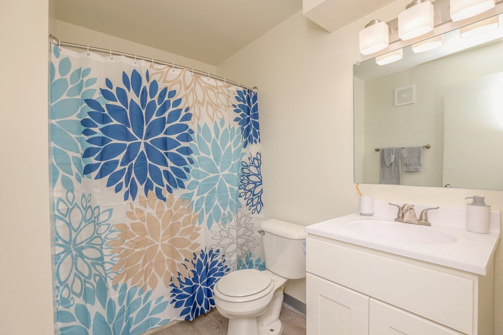 a bathroom with a shower curtain and a sink and a toilet