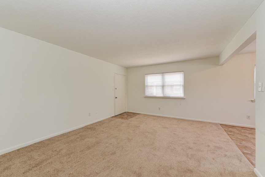 the spacious living room with carpeting and a window