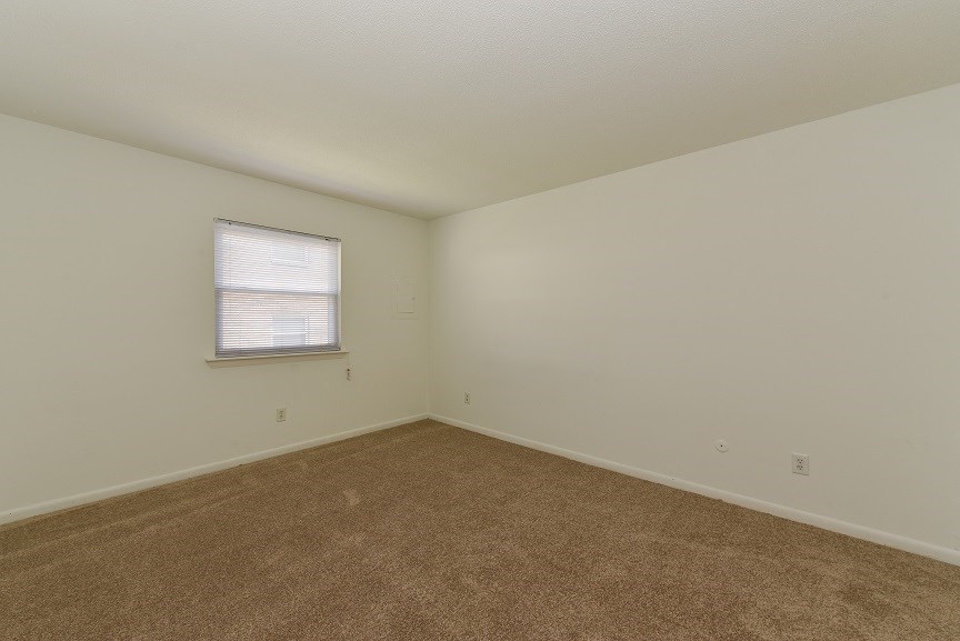 an empty living room with carpet and a window