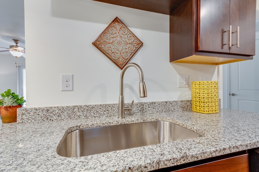 A kitchen counter with a sink and a decorative tile above it.