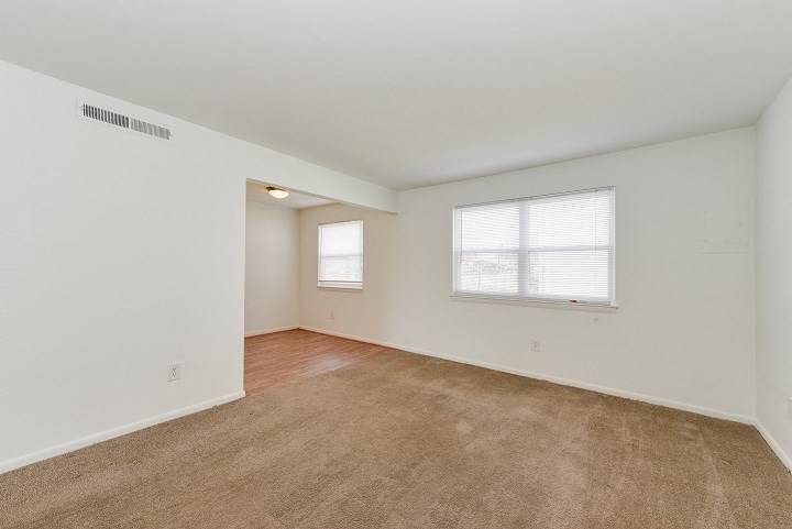 the spacious living room with carpet and a window