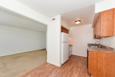 an empty kitchen with a refrigerator and a sink