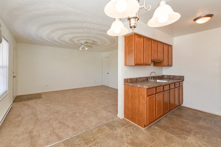 an empty kitchen and living room with a sink and wooden cabinets