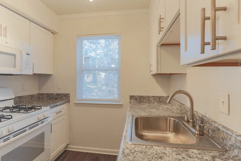 a kitchen with a sink and a stove and a window