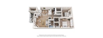 A 3D floor plan of a house with a kitchen, living room, and bathroom.