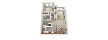 A 3D floor plan of a small apartment with a kitchen, living room, and bathroom.