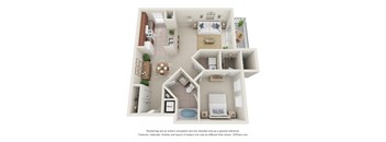 A 3D floor plan of a house with a kitchen, living room, dining room, and bathroom.