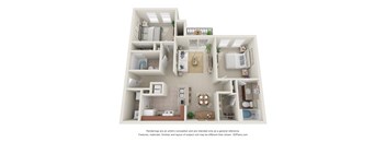 A 3D floor plan of a house with a kitchen, living room, and bathroom.
