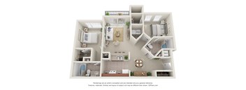 A 3D floor plan of a house with a kitchen, living room, and bathroom.