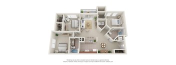 A 3D floor plan of a house with various rooms and furniture.