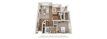 3D Floor Plan of a 1-bedroom apartment with bathroom at 10x Audubon Apartments in Daphne, AL