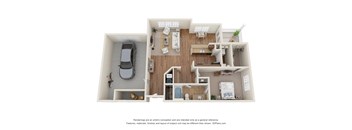 3D Floor Plan of a 1-bedroom apartment with 1 bathroom and garage at 10x Audubon Apartments in Daphne, AL