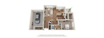 3D Floor Plan of a 1-bedroom apartment with 1 bathroom and garage at 10x Audubon Apartments in Daphne, AL