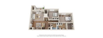 3D Floor Plan of a 2-bedroom apartment with 2 bathrooms at 10x Audubon Apartments in Daphne, AL
