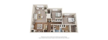 3D Floor Plan of a 2-bedroom apartment with 2 bathrooms at 10x Audubon Apartments in Daphne, AL