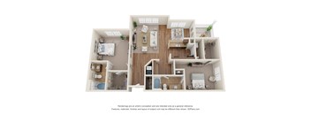 3D Floor Plan of a 2-bedroom apartment with 2 bathrooms at 10x Audubon Apartments in Daphne, AL