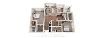 3D Floor Plan of a 2-bedroom apartment with 2 bathrooms at 10x Audubon Apartments in Daphne, AL