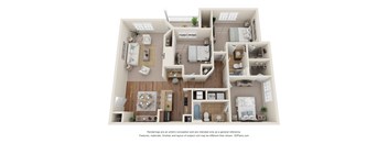 3D Floor Plan of a 3-bedroom apartment with 2 bathrooms at 10x Audubon Apartments in Daphne, AL