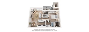 A floor plan of a two-bedroom apartment with a living room, kitchen, and bathroom.