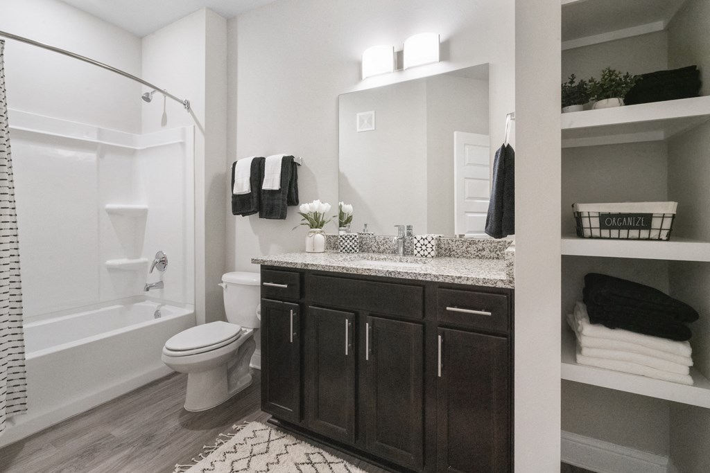 a bathroom with a shower toilet and sink and a mirror