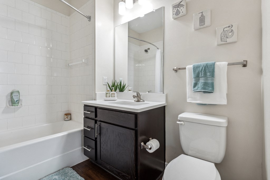 a bathroom with a toilet and a sink and a mirror at Hampton Roads Crossing, Virginia, 23435