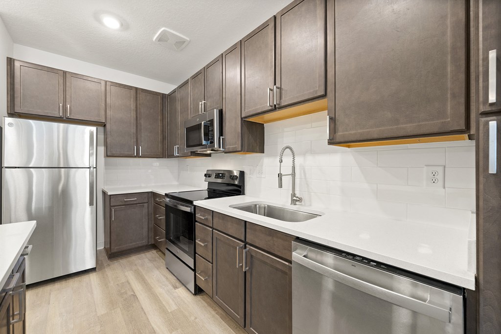 kitchen with custom cabinets and goose-neck faucet at Tapestry Overbrook in McDonough, Georgia