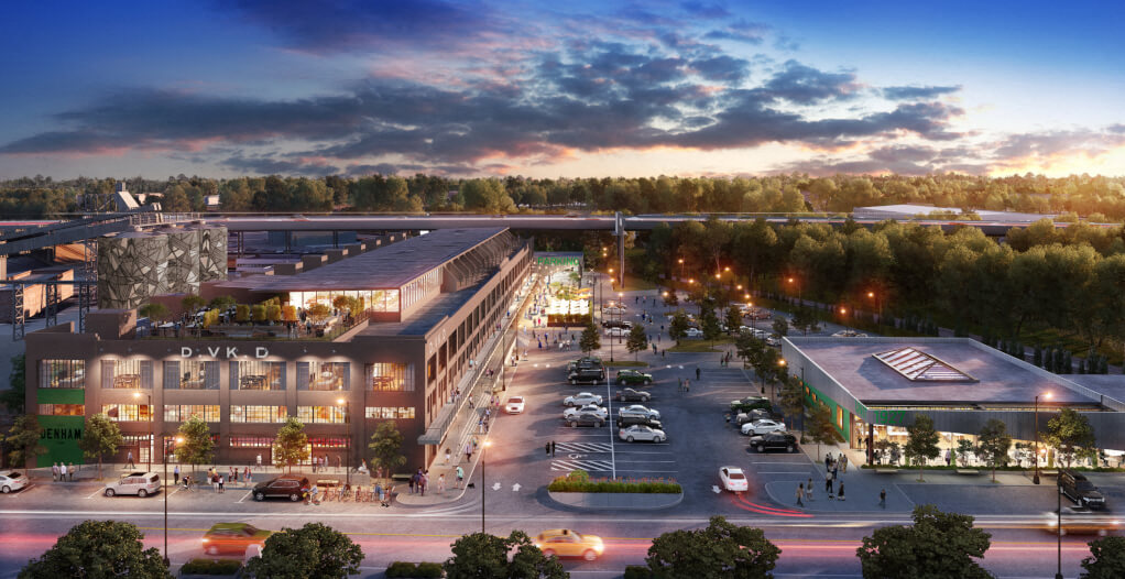 an aerial rendering of a shopping center with a bridge over a city street