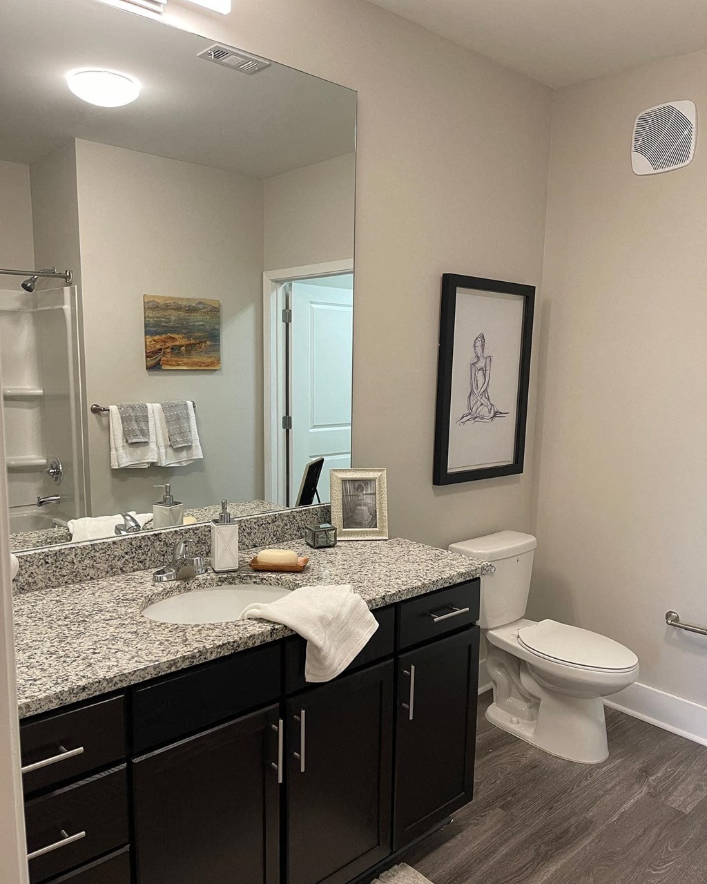 En-suite bathroom with large vanity at Flats on 4th Apartments in Birmingham, AL