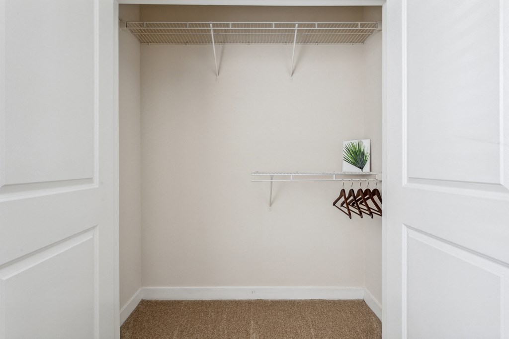 a closet with white walls and a shelf with a plant in it at Hampton Roads Crossing, Suffolk, VA