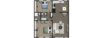 A floor plan of a house with a kitchen, living room, and two bedrooms.